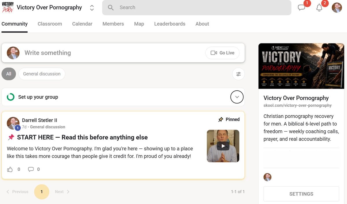 Screenshot of the Victory Over Pornography private community on Skool, showing Darrell Stetler II's pinned welcome post for new members