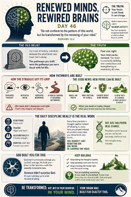 Renewed Minds, Rewired Brains: how neuroplasticity means old thought patterns can be replaced with new ones. Day 46 companion handout