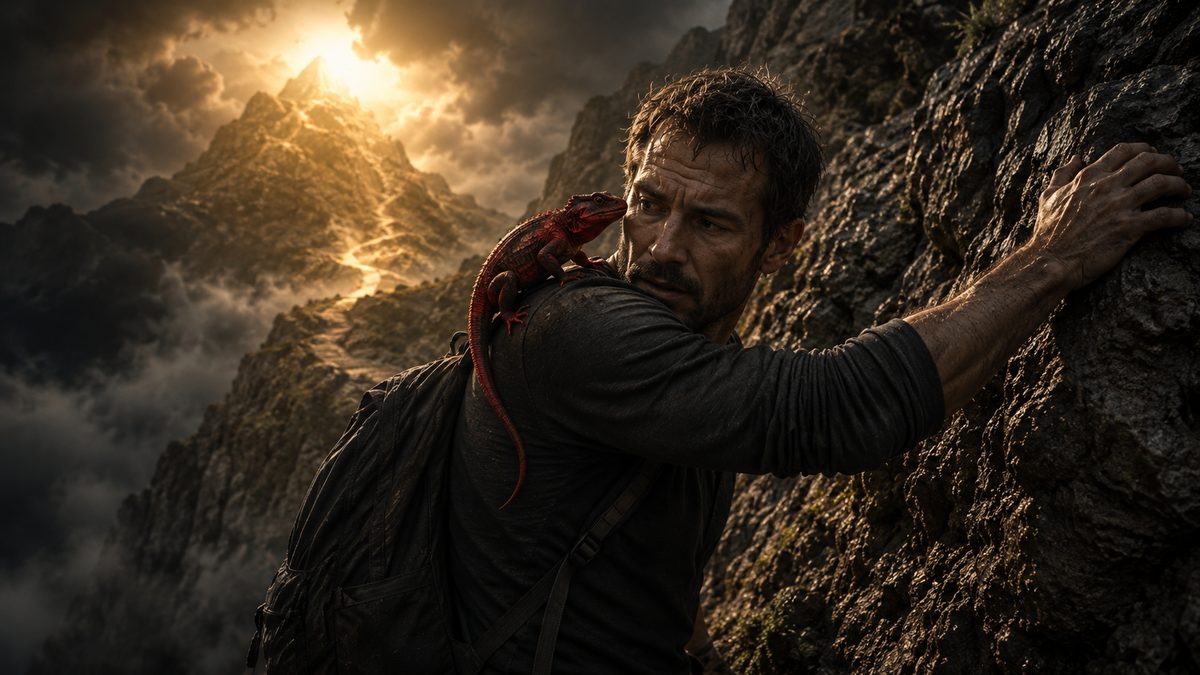 Man climbing a mountain with a red lizard clinging to his shoulder, representing the struggle of surrendering lust to God like C.S. Lewis's Great Divorce story