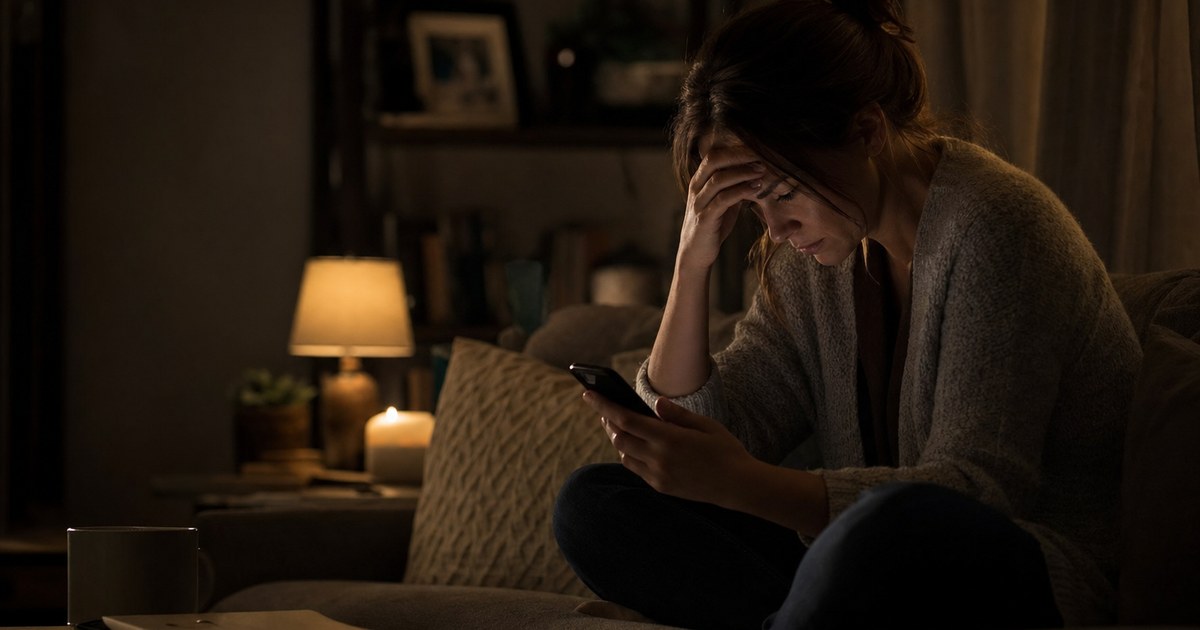 A wife looking anxiously at a phone notification while sitting on a couch in dim light, representing the lingering fear of relapse after betrayal