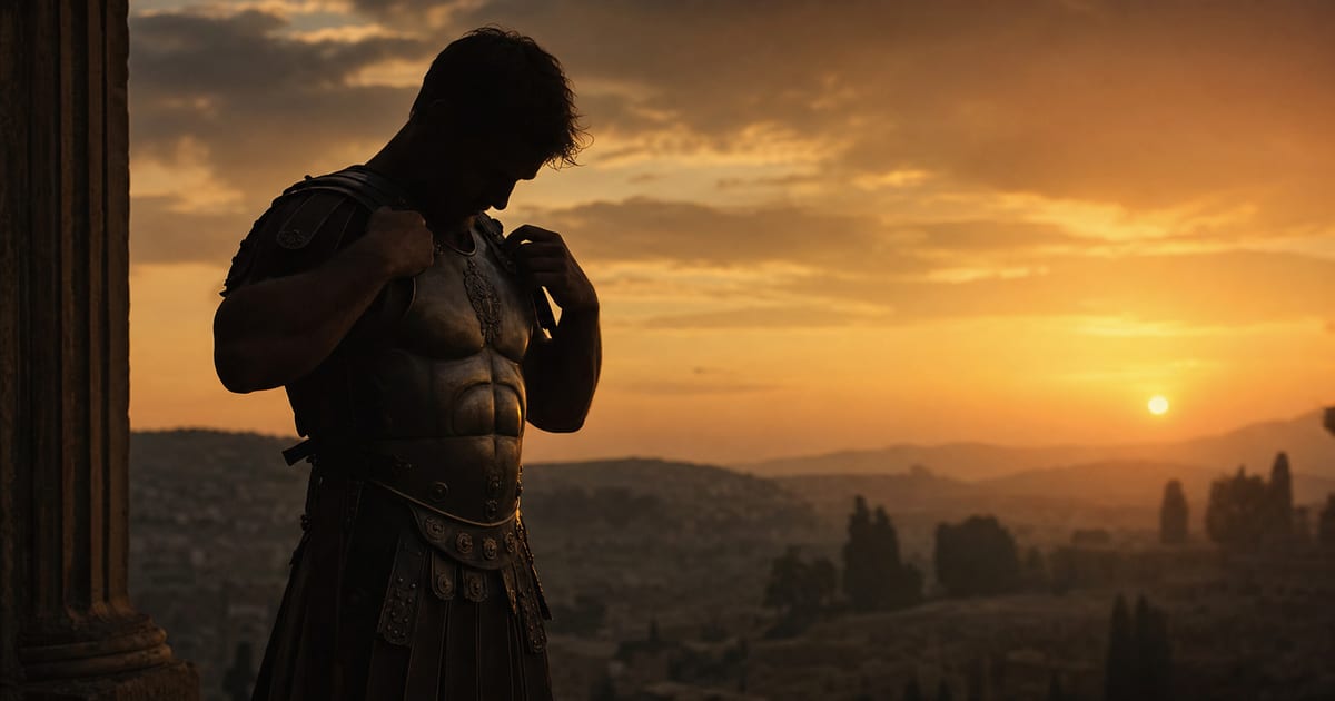 A silhouetted man putting on Roman-style armor at dawn overlooking a hillside, representing the armor of God for fighting pornography