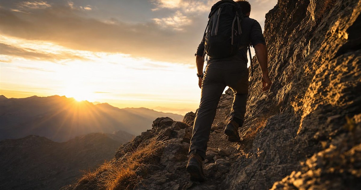 Climber early in the ascent with full energy, representing channeled desire before marriage