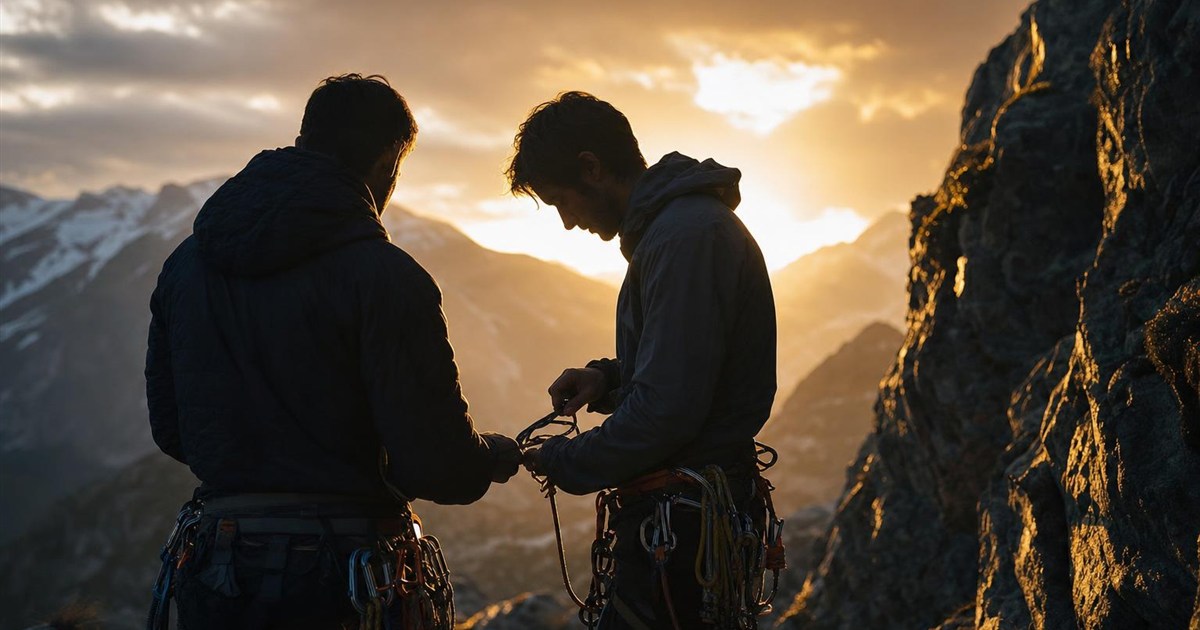 Climber checking gear with a partner rather than climbing alone, representing outside accountability