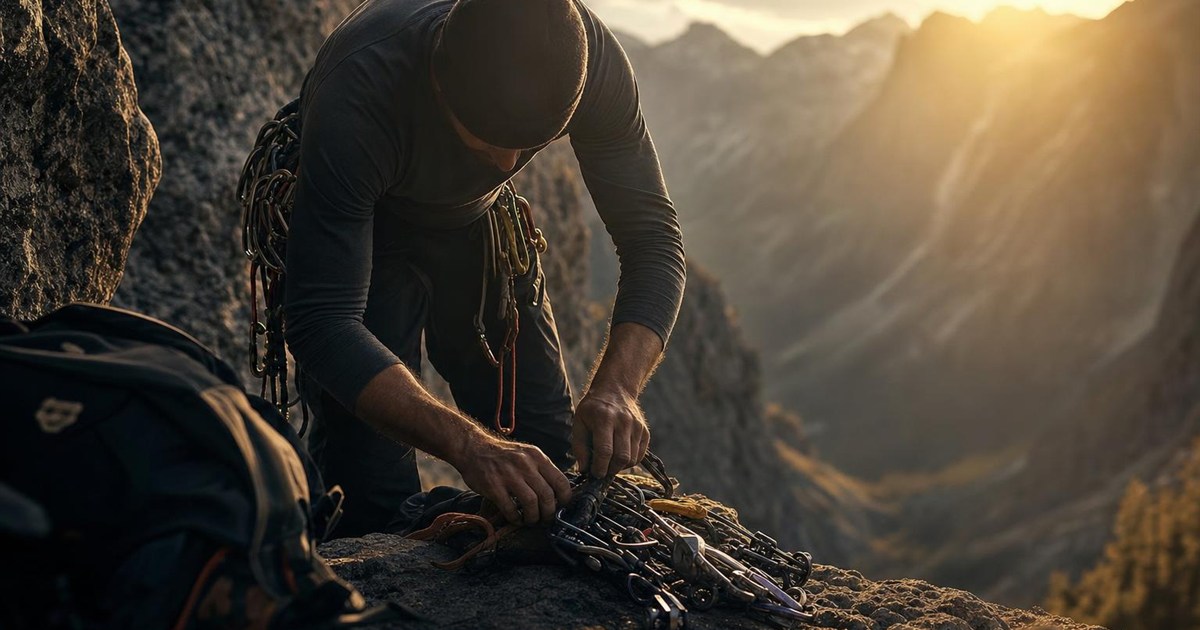 Climber removing unnecessary gear before a difficult pitch, representing sacrificed convenience