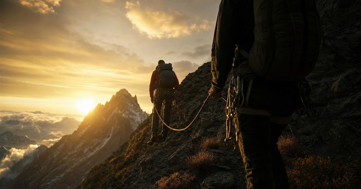 Climber roped to a partner on the mountainside, representing accountability replacing isolation