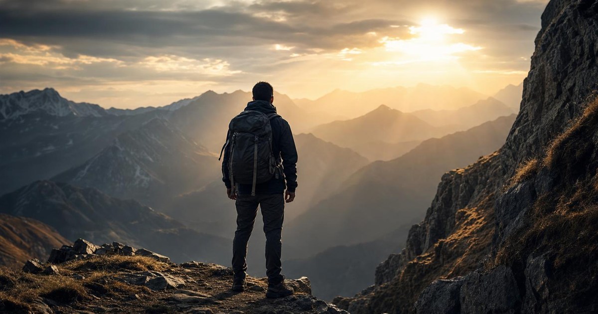 Climber standing still on the trail, facing outward rather than running, representing confronting what's being avoided