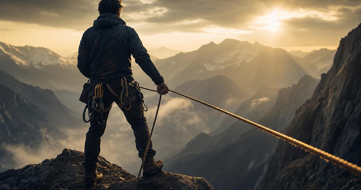 Climber standing firm and taking full weight of the rope, representing ownership instead of excuses