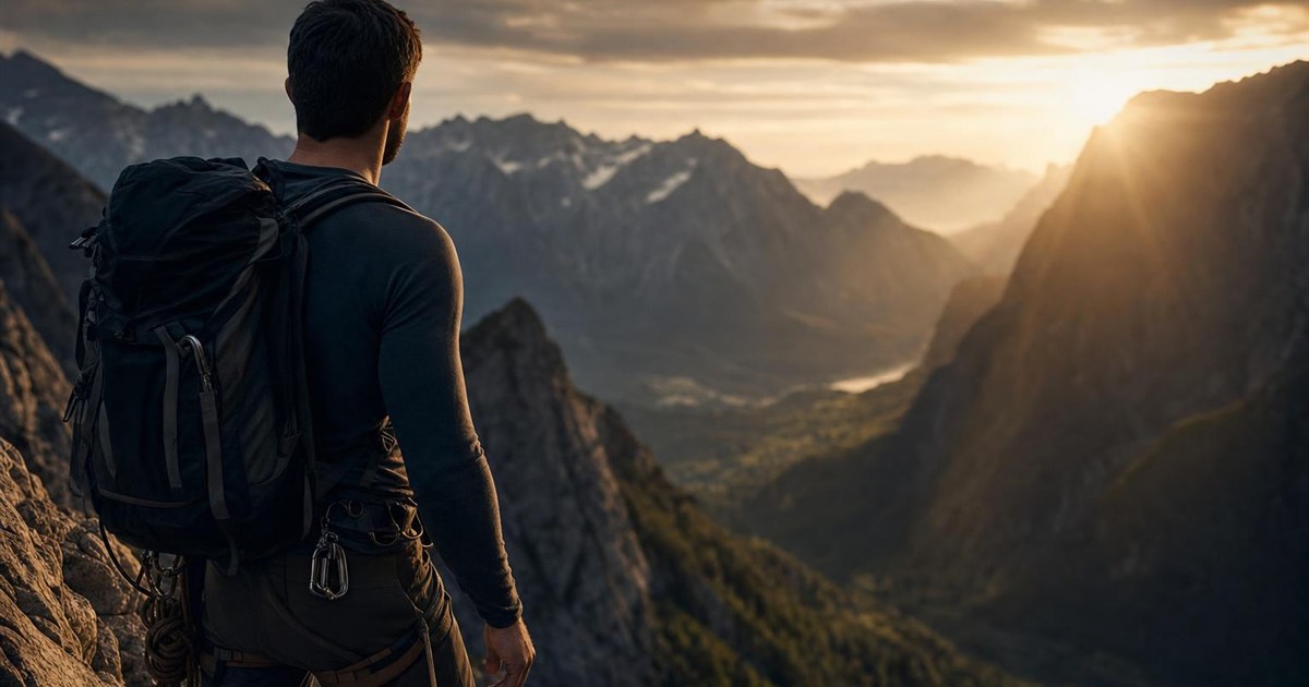 Climber studying the terrain ahead before proceeding, representing foresight and awareness