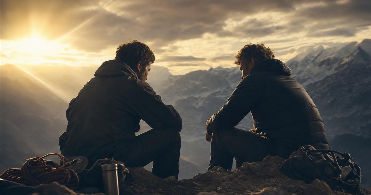 Climber and companion sharing a moment at a resting point, representing shared confession