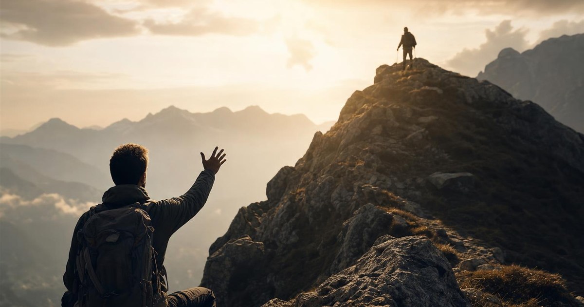 Climber signaling to a guide further up the mountain, representing spiritual oversight
