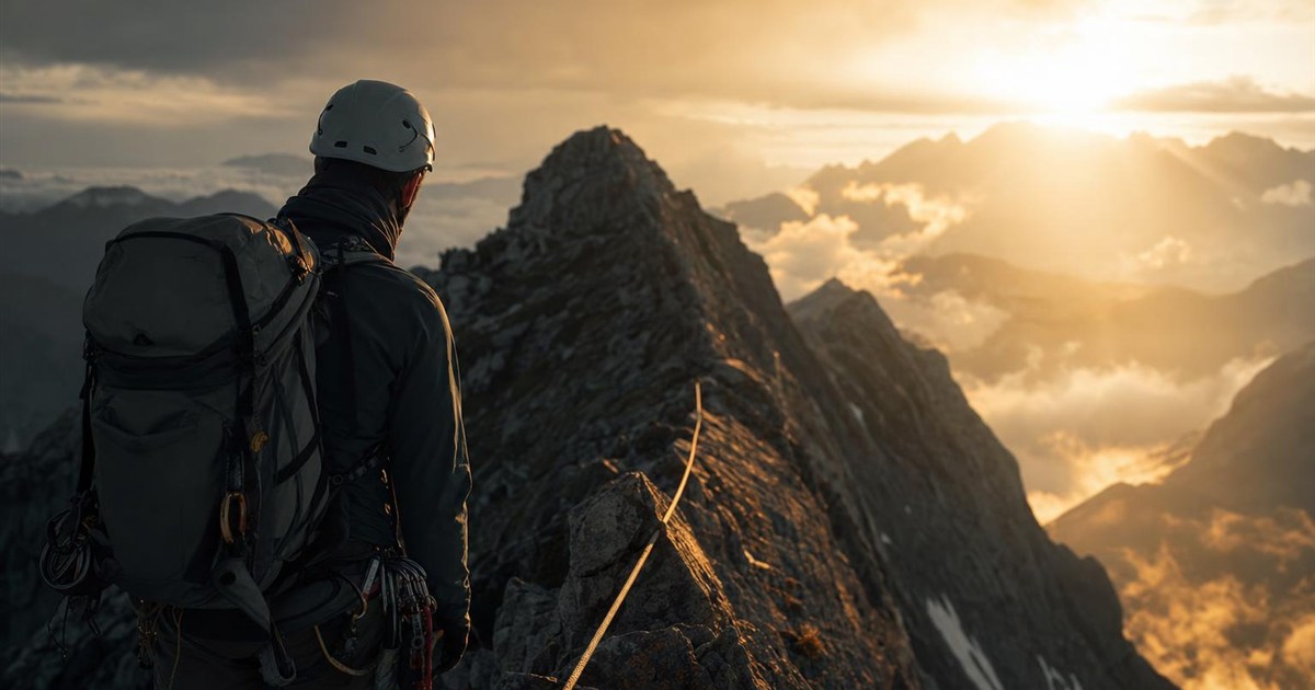 Climber pausing before a difficult, exposed section of the route, representing preparation before a hard conversation
