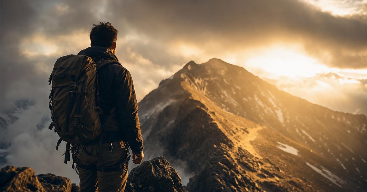 Climber looking up at a distant ridge from a high vantage point, representing progress and the road ahead