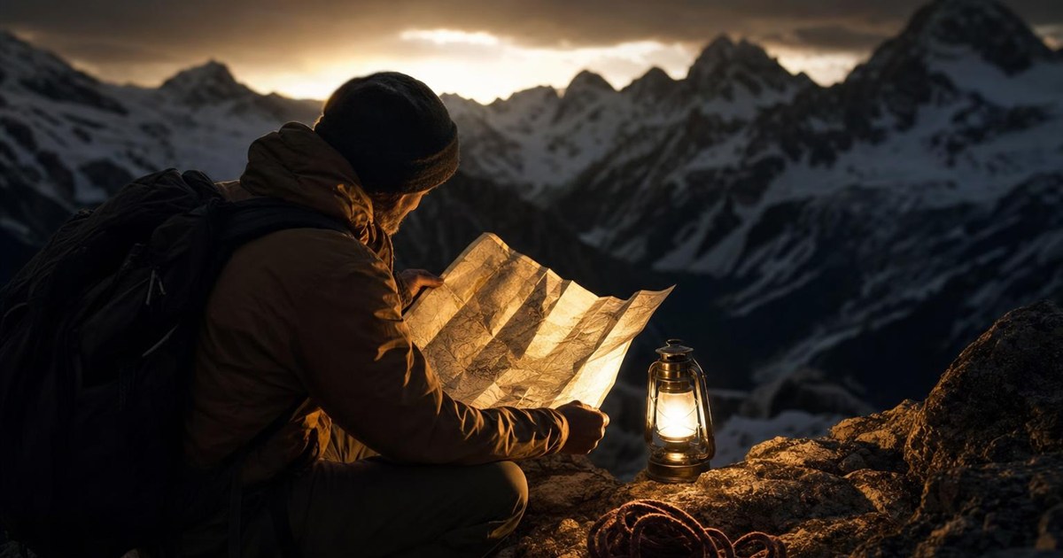 Climber reading a map by lantern light, representing truth replacing false belief