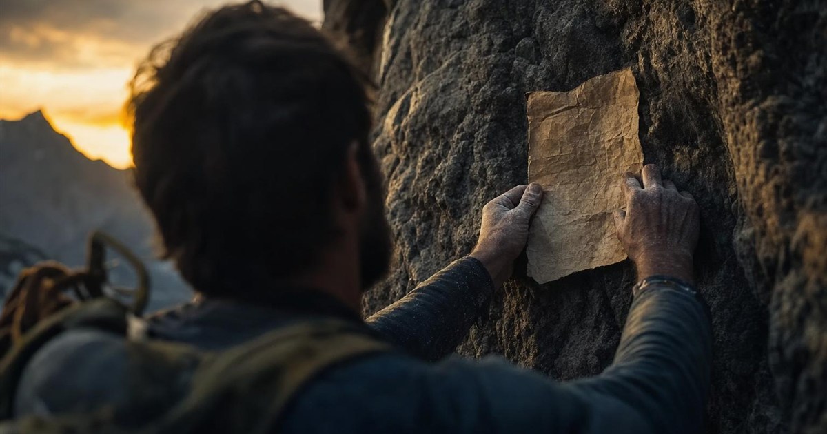 Climber holding an old, worn piece of paper against the rock, representing a long-carried inner vow