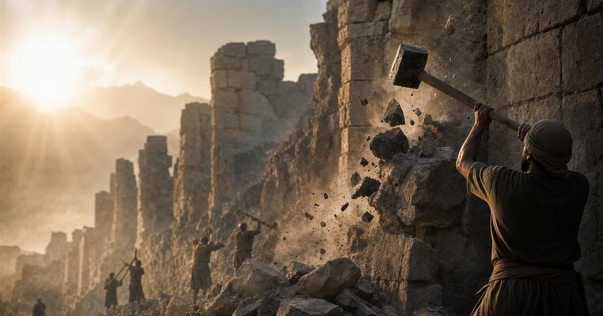 Ancient fortified walls being dismantled stone by stone, representing a stronghold coming down