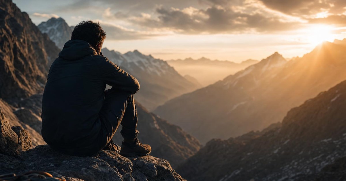 Climber sitting quietly at a resting point, listening, representing contemplative prayer