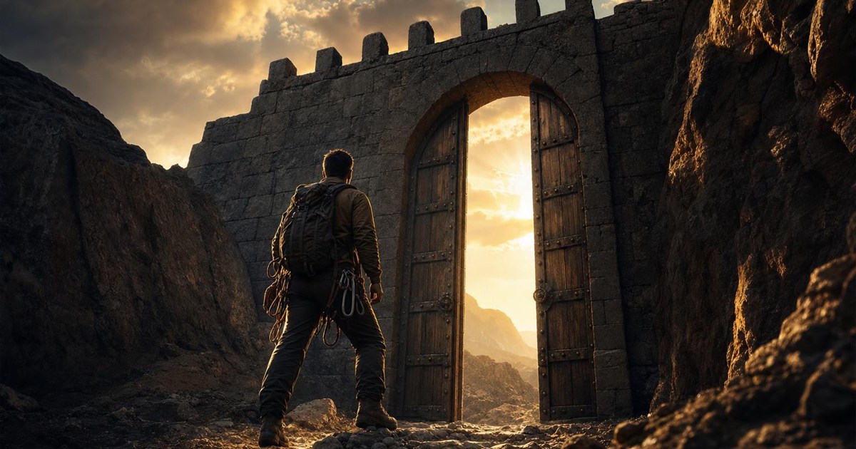 Climber standing at a fortified gate with authority, representing spiritual authority in Christ