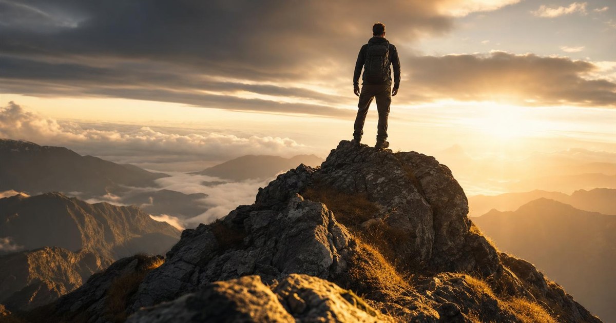Climber reaching a high ridge with an open, bright view ahead, representing the shift toward joy