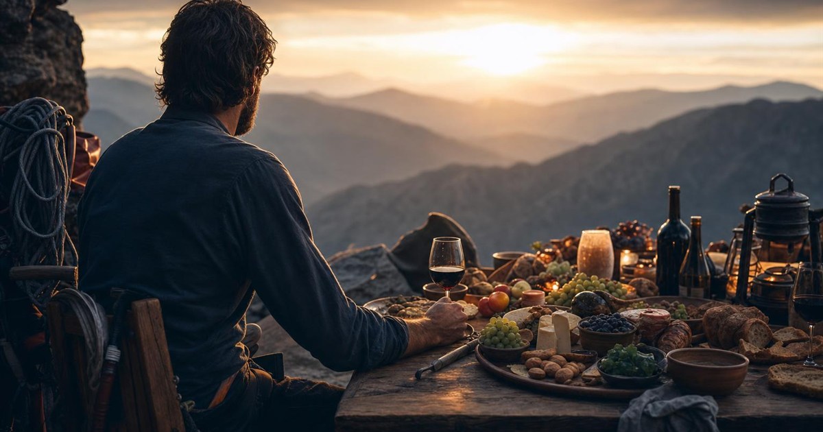 Climber at a feast table set on a mountain overlook, representing satisfaction replacing deprivation
