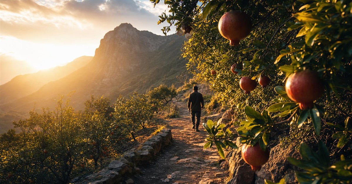 Abundant fruit trees along a mountain trail, representing the garden of legitimate joy