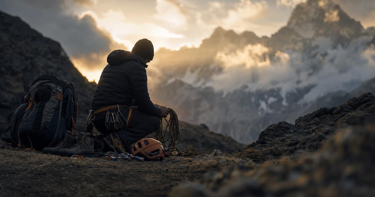 Climber preparing gear at base camp before a partner arrives, representing preparation before marriage
