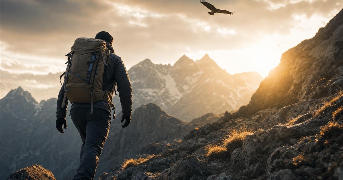 Climber watching a bird fly overhead without breaking stride, representing a passing thought not taking hold