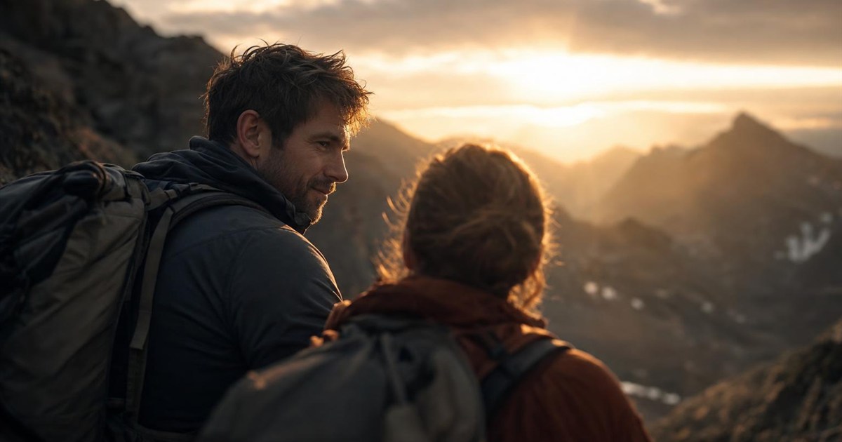Climber turning to genuinely look at a companion beside them on the trail, representing seeing a spouse fully