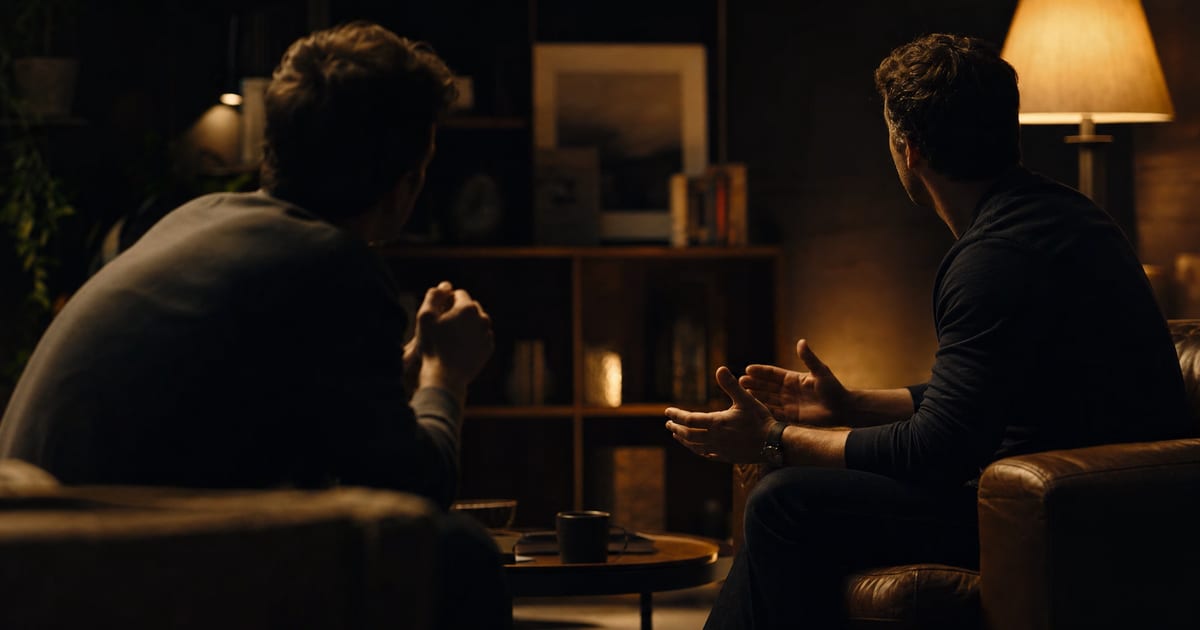Two men sitting in a warm, dimly lit living room having an honest conversation, representing what a good accountability partner for porn recovery actually looks like