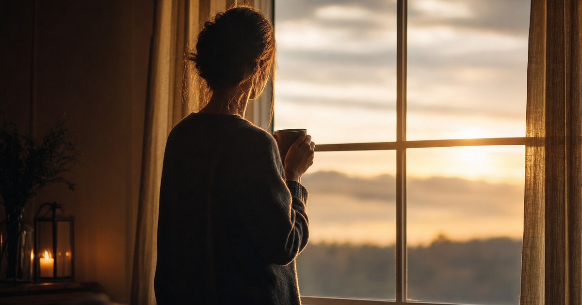 A wife standing at a window at dawn, gold light breaking through the clouds outside, representing the first steady breath after discovering her husband's pornography