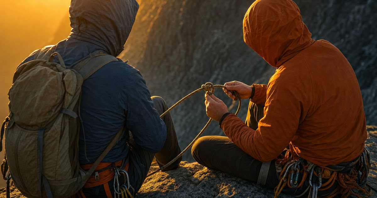 Two climbers pausing on a rock ledge to check the rope between them again, representing a husband checking back in with his wife to make sure trust is still being rebuilt
