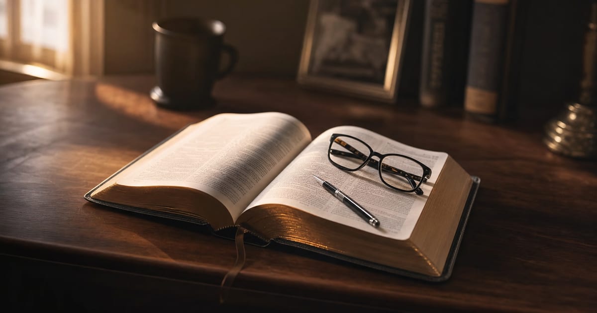 An open Bible on a wooden desk with soft window light and reading glasses, representing careful biblical study of whether pornography is sin