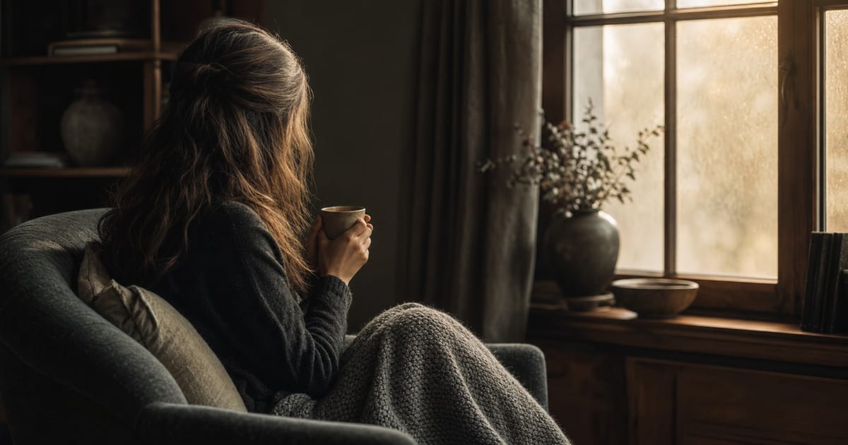 A wife sitting alone by a window in soft early morning light, holding a coffee cup, processing the quiet shock of discovering her husband's pornography use