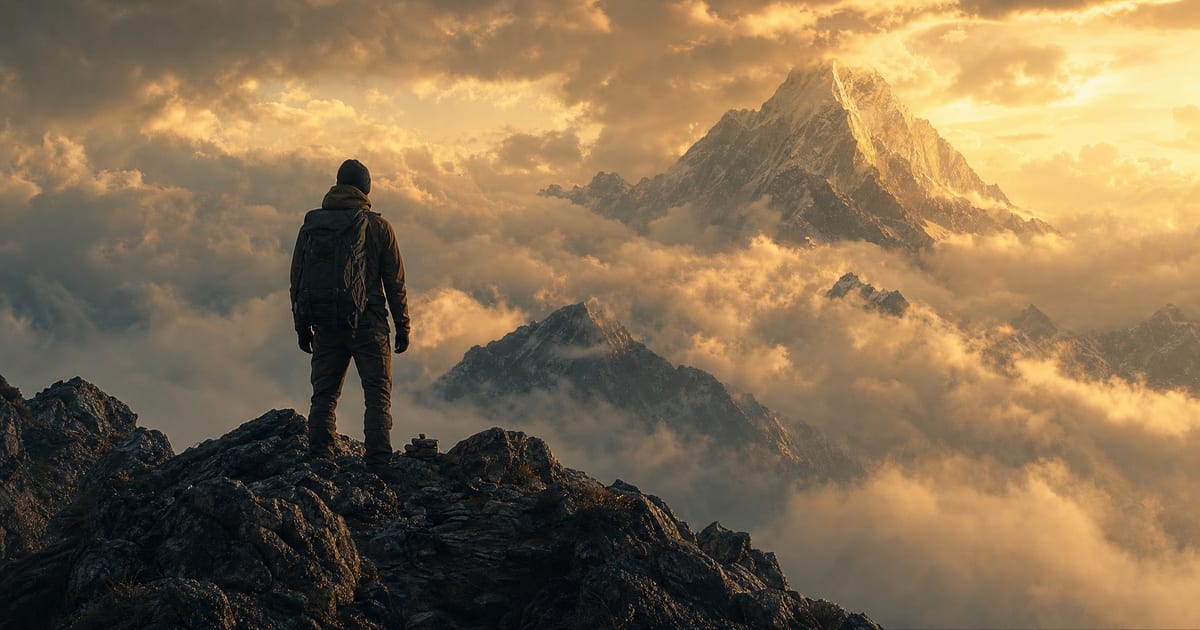 A hiker standing on a mountain ridge at dawn, seeing a taller and more distant peak rising beyond the clouds, representing the NoFap movement's summit versus the further destination of a Christian view of sexual wholeness