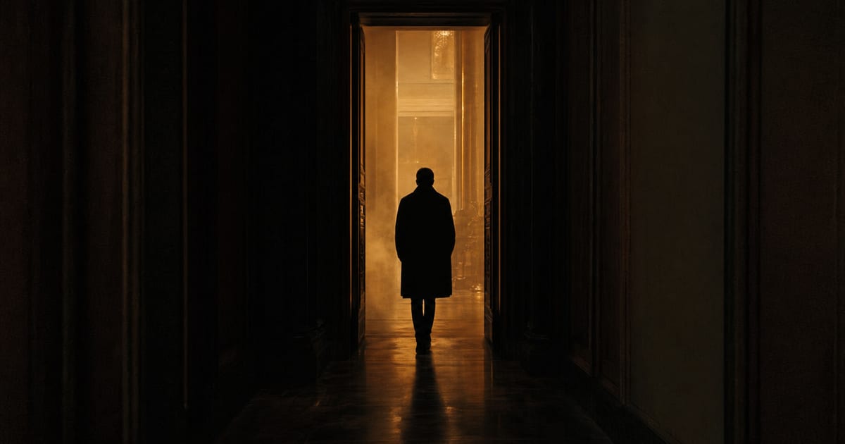 A silhouetted pastor struggling with pornography, walking down a dark hallway toward a warm, gold-lit doorway, representing his first step out of hidden struggle