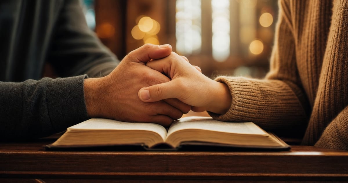 A couple's clasped hands resting on an open Bible in a church, representing a pastor's marriage seeking restoration after pornography addiction