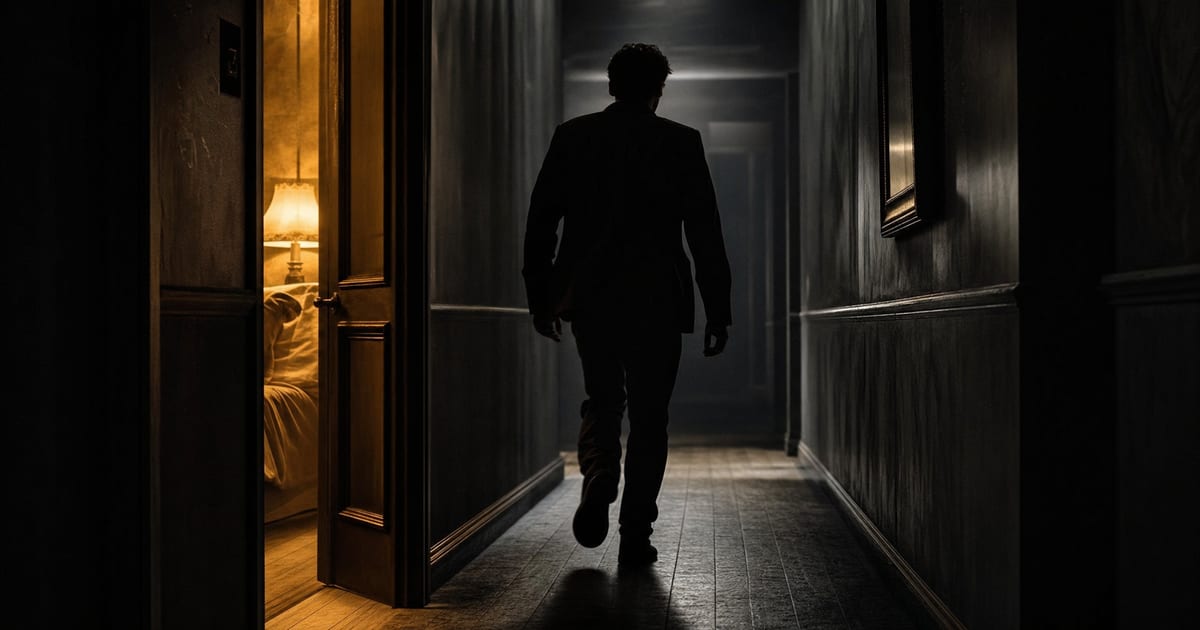 A silhouetted man walking away down a dim hallway from a warmly lit room, representing fleeing a moment of pornography temptation