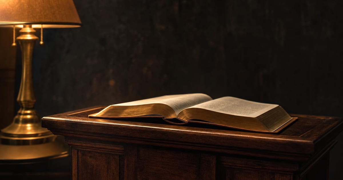 An open Bible on a wooden pulpit, representing the biblical framework for whether a pastor should resign over pornography or pursue restoration