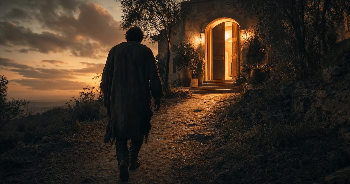 A silhouetted man walking up a path toward a warmly lit open doorway at dusk, representing running toward grace after looking at porn, echoing the parable of the prodigal son