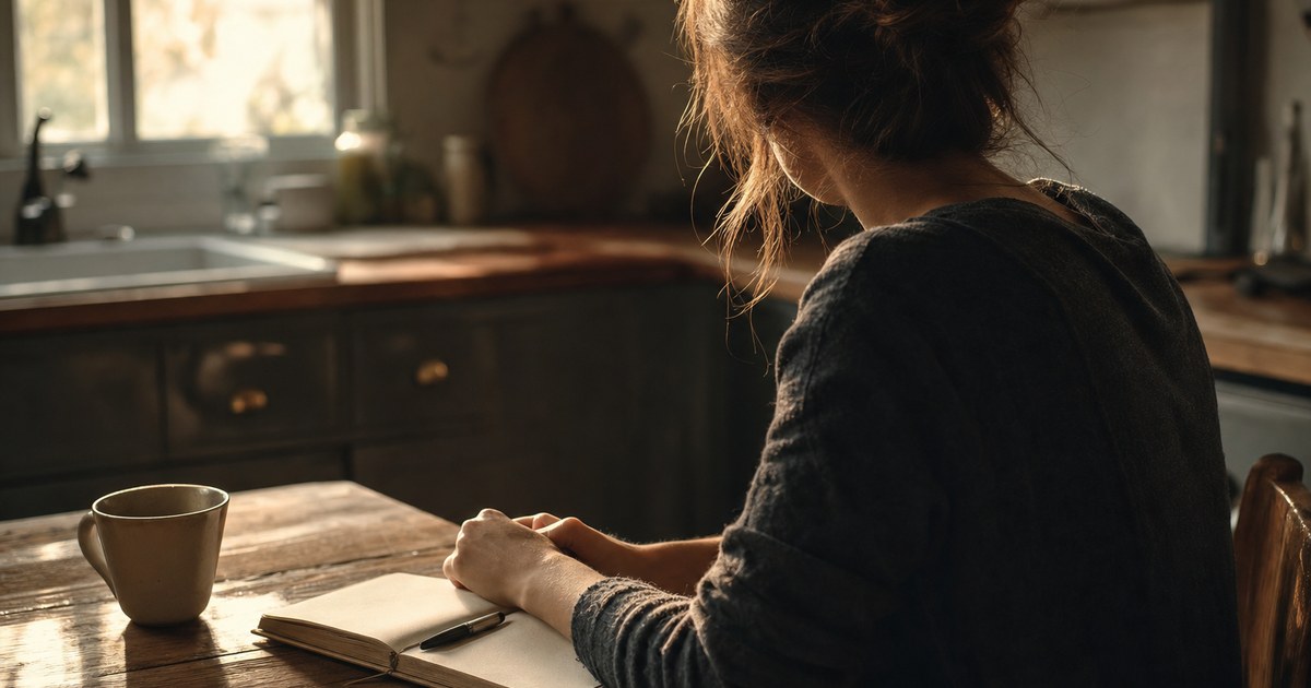 A woman sitting alone at a wooden kitchen table in warm morning light, an open journal in front of her, pausing in thought while sorting through the meaning of what she's just learned