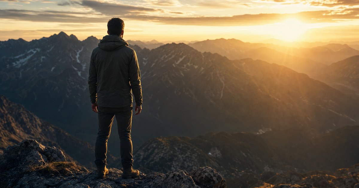 A man standing at a mountain summit at sunrise with arms relaxed at his sides, representing genuine, lasting victory over pornography