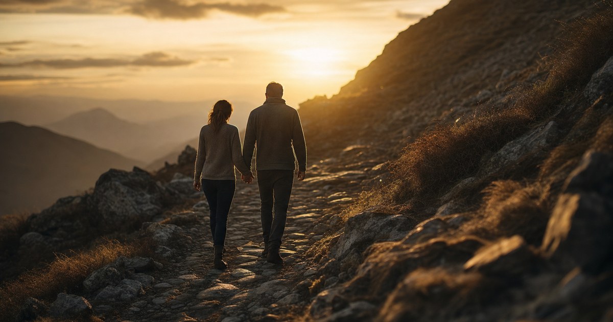 A couple walking together on a long uphill mountain path in early morning light, representing the slow, uneven timeline of recovery from pornography