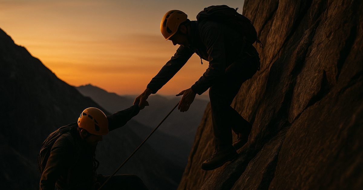Two climbers on a rope on a mountainside at dusk, one reaching back to steady the other whose grip has loosened