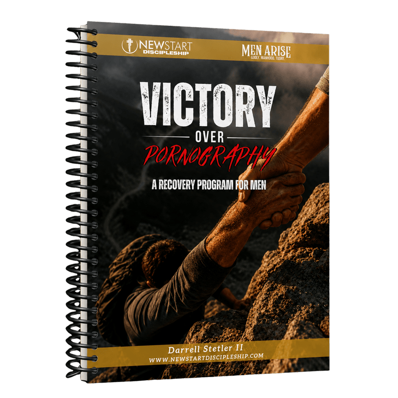 The Victory Over Pornography workbook, a spiral-bound companion guide by Darrell Stetler II, showing two hands clasped on a mountainside